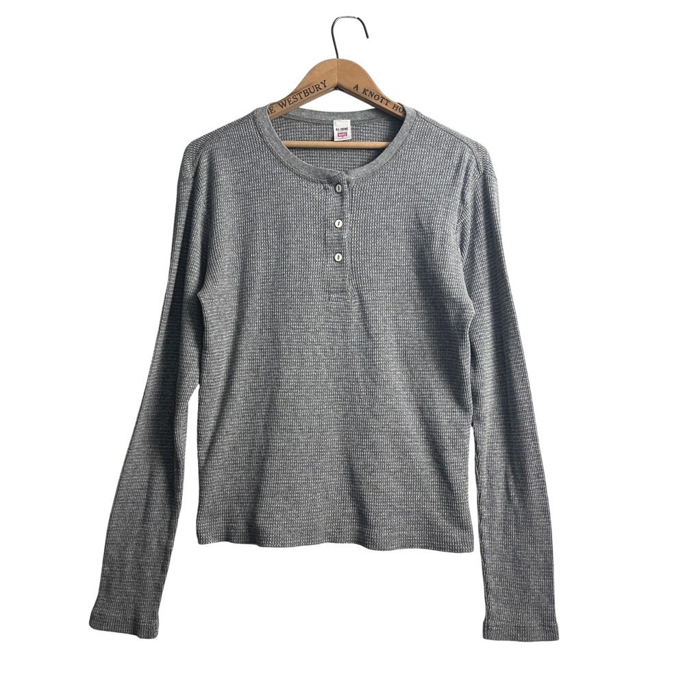RE/DONE Hanes Womens Gray Waffle Knit Thermal Henley Long Sleeve Top  Size S